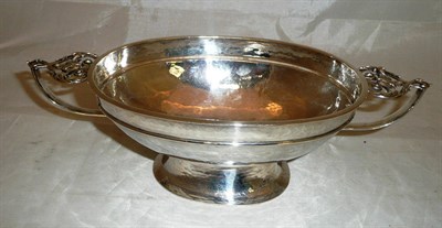 Lot 462 - Two handled hammered oval silver pedestal dish, makers mark AEJ