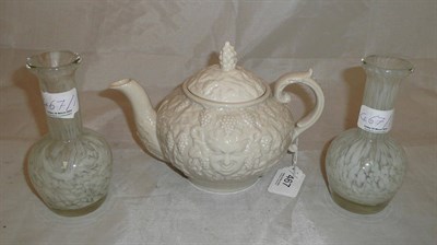 Lot 467 - A Belleek teapot and a pair of small glass vases