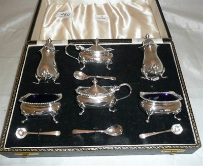 Lot 480 - Six piece silver condiment set, cased