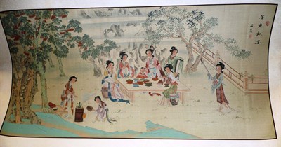 Lot 488 - A Chinese silk scroll depicting females around a table