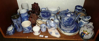 Lot 505 - Two Russian treacle glaze creamers and assorted blue and white and decorative pottery etc (shelf)