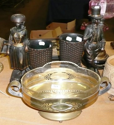 Lot 521 - WMF style oval plated two handled centrepiece with glass liner and a pair of pottery figures...