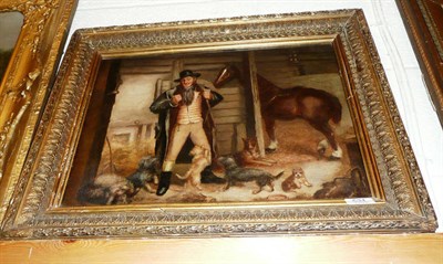 Lot 531 - Gilt framed oil on board, a figure with dogs in a horse's stable