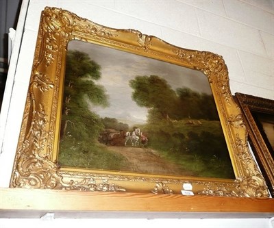 Lot 532 - After James Peel, gilt framed oil on canvas, figure with a cart in a wooded landscape