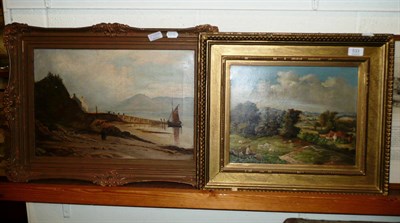 Lot 533 - A gilt framed oil on canvas a shepherd in a rural landscape and another figure on a beach...