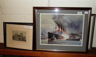 Lot 535 - Three etchings of Beverley, two nautical watercolours signed Glen and another