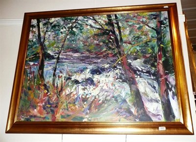 Lot 544 - Framed oil on canvas, woodland river scene, signed E M Jones