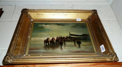 Lot 546 - Oil painting, after James William Booth, a beach scene with fishermen on a beach, near a Whitby...