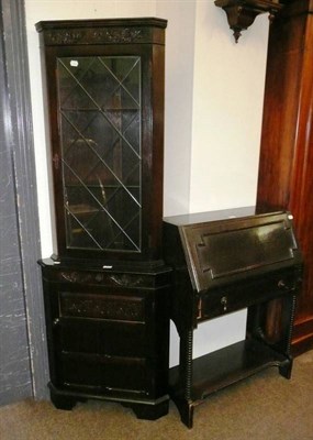 Lot 582 - Reproduction oak standing corner cabinet with glazed top and an oak bureau