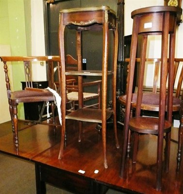 Lot 599 - An inlaid corner chair, an inlaid bentwood chair, a two tier mahogany inlaid plant stand and a gilt