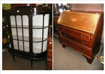 Lot 603 - Mahogany inlaid bureau and a stained mahogany bow fronted china cabinet