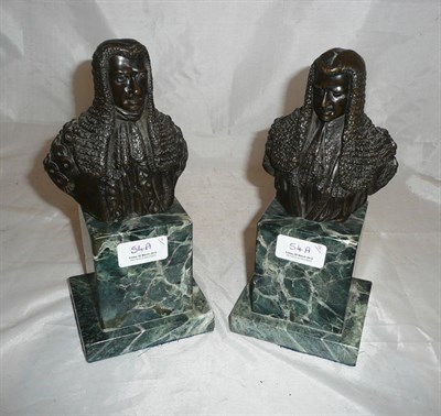 Lot 54A - A matched pair of bronze busts of 17th century gentlemen, 19th century, wearing long wigs and...