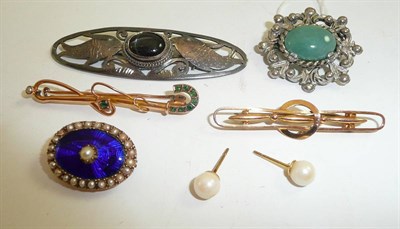 Lot 3 - Two gold stock pins, an enamel and pearl brooch, two other brooches and a pair of pearl ear studs