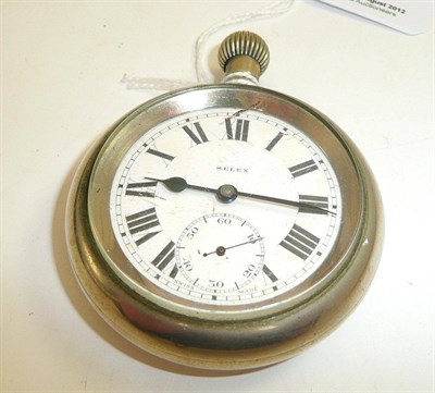 Lot 4 - A nickel plated open faced pocket watch, case back engraved with railway marks Ex BR, LNER, Ex...