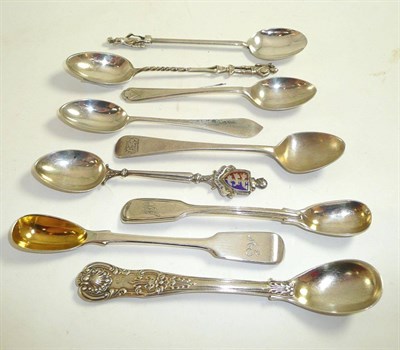 Lot 27 - Three silver mustard spoons and six assorted teaspoons