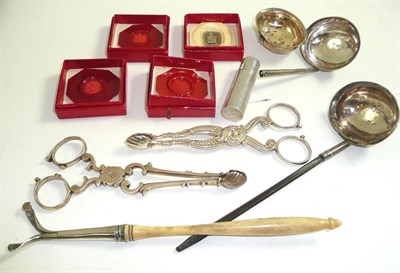 Lot 30 - Two pairs of sugar nips, a silver lipstick holder, wax seals etc