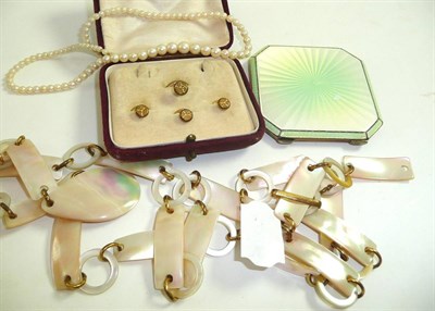 Lot 36 - Silver and enamel compact, pearl necklace, dress studs, mother of pearl style necklace etc