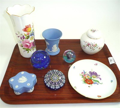 Lot 50 - Two Caithness paperweights, Wedgwood Jasperware, Aynsley, hand painted Chinese silk etc