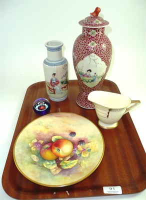 Lot 91 - A Minton plate painted by R A Shufflebotham, two Chinese enamelled vases, a Caithness...