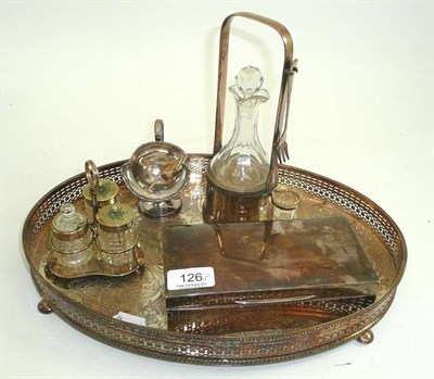 Lot 126 - Silver cigarette box, silver cruet, plated tray etc