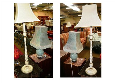 Lot 138 - A pair of celadon style table lamps and a pair of barley twist shabby chic table lamps