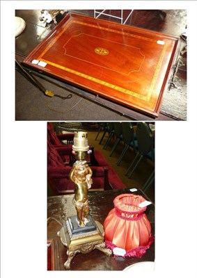 Lot 140 - An Edwardian mahogany tray and a pair of brass table lamps