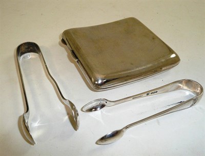 Lot 143 - A silver cigarette case and two pairs of silver sugar tongs