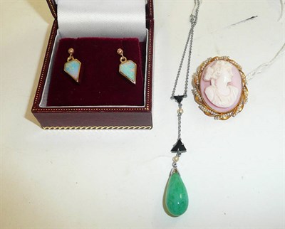 Lot 144 - A cameo brooch with seed pearl frame, an Art Deco style necklace, and a pair of 9ct gold opal...