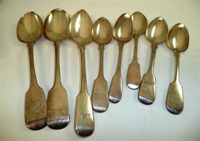 Lot 146 - A pair of Victorian silver tablespoons, single table spoon and five dessert spoons, various dates