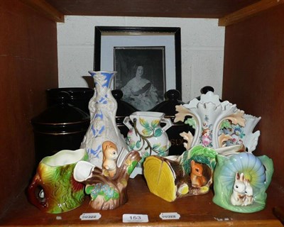 Lot 153 - Assorted Hornsea pottery, animal vases, spill vases, storage vases and black and white stevenograph