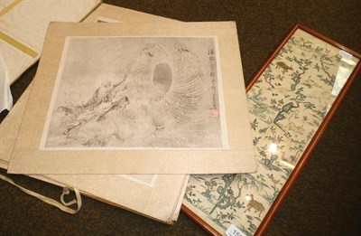 Lot 156 - An album of nine Chinese prints and a Chinese silk picture of sleeve sections