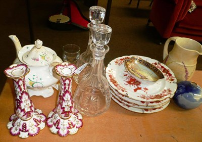 Lot 158 - A pair of English porcelain candlesticks, a Rockingham style teapot, a pair of decanters, a Doulton