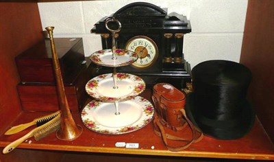 Lot 161 - Two rosewood work boxes, a copper hunting horn, a black silk top hat and two hat brushes, a pair of