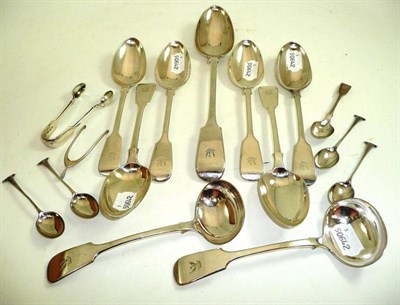 Lot 162 - Seven silver spoons, five teaspoons, two plated ladles and two silver sugar nips