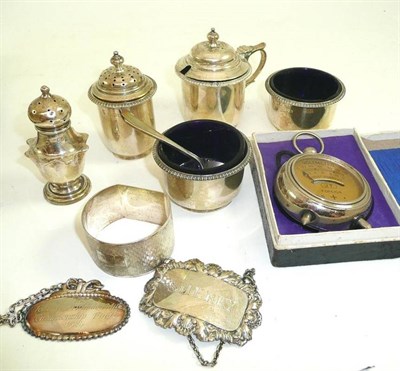 Lot 170 - A collection of silver including a mustard, decanter labels, etc