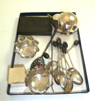 Lot 174 - Two silver salts, six coffee spoons and a Russian cloisonné enamel spoon