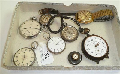 Lot 182 - A steel open faced Omega pocket watch, four fob watches, a gun metal button watch, a gun metal...