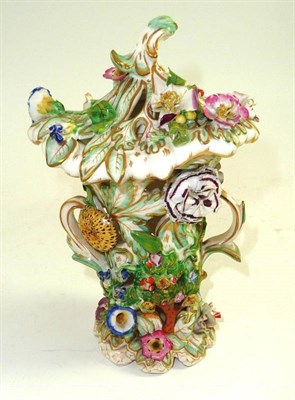 Lot 197 - A Bloor Derby scroll and floral moulded pot pourri and cover, encrusted with flowers and picked out