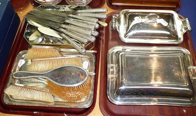 Lot 198 - A quantity of silver plated items, silver backed dressing table items etc (on two trays)