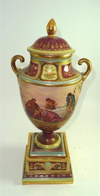 Lot 216 - A late 19th century 'Vienna' porcelain vase, cover and stand decorated with Classical figures, 46cm