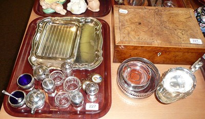 Lot 227 - Silver plated trays, silver condiments, two miniature portraits, walnut hinged box and other items