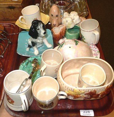 Lot 228 - Maling butter dish and cover, Carlton ware bowl, commemorative mugs, Sylvac figures and other...