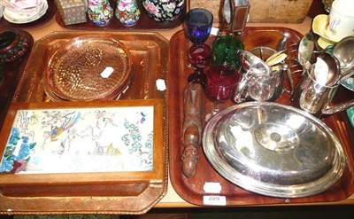 Lot 229 - Tray of silver plate, glass, souvenir teaspoons, plated flatware, Eastern copper tray and two...