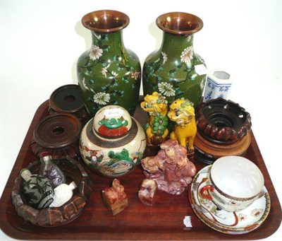 Lot 230 - A tray of Oriental items including a pair of Chinese cloisonné enamel vases and stands,...