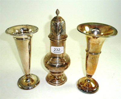 Lot 232 - Two silver vases and a large silver sugar caster