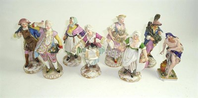 Lot 241 - Eight late 19th century Continental porcelain figures after Meissen and Derby originals