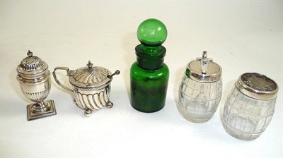 Lot 290 - A Victorian glass barrel shaped pepperette and mustard pot with silver mounts, a silver pepperette