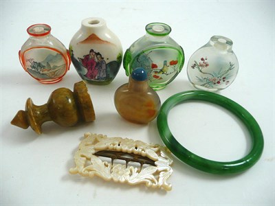 Lot 292 - Five Chinese snuff bottles, Chinese bangle and pearl buckle