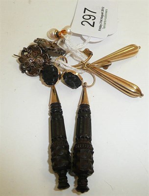 Lot 297 - A pair of bog oak earrings, a pair of drop earrings and two pairs of earrings