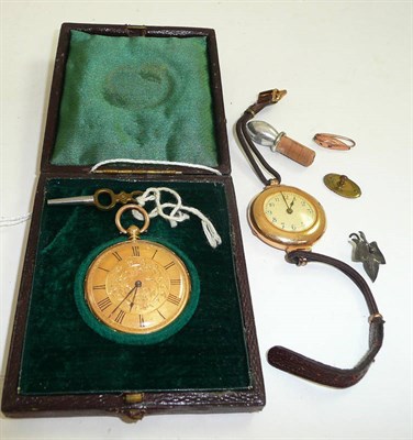 Lot 313 - A cased fob watch, with key and a wristwatch (a.f.)